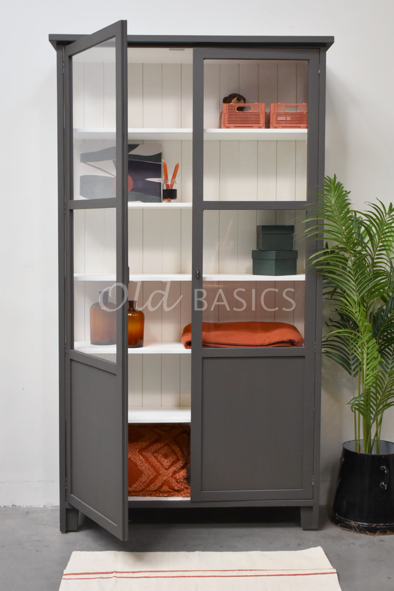 Detail van Vitrinekast Tinca, 2 deuren, RAL7022, grijs, materiaal hout